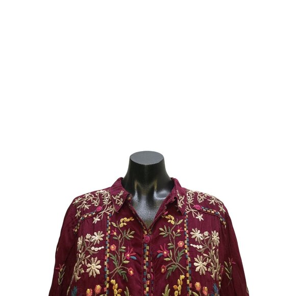 Johnny Was Burgundy Floral Embroidered Button-Up Blouse Size S - Picture 3 of 8